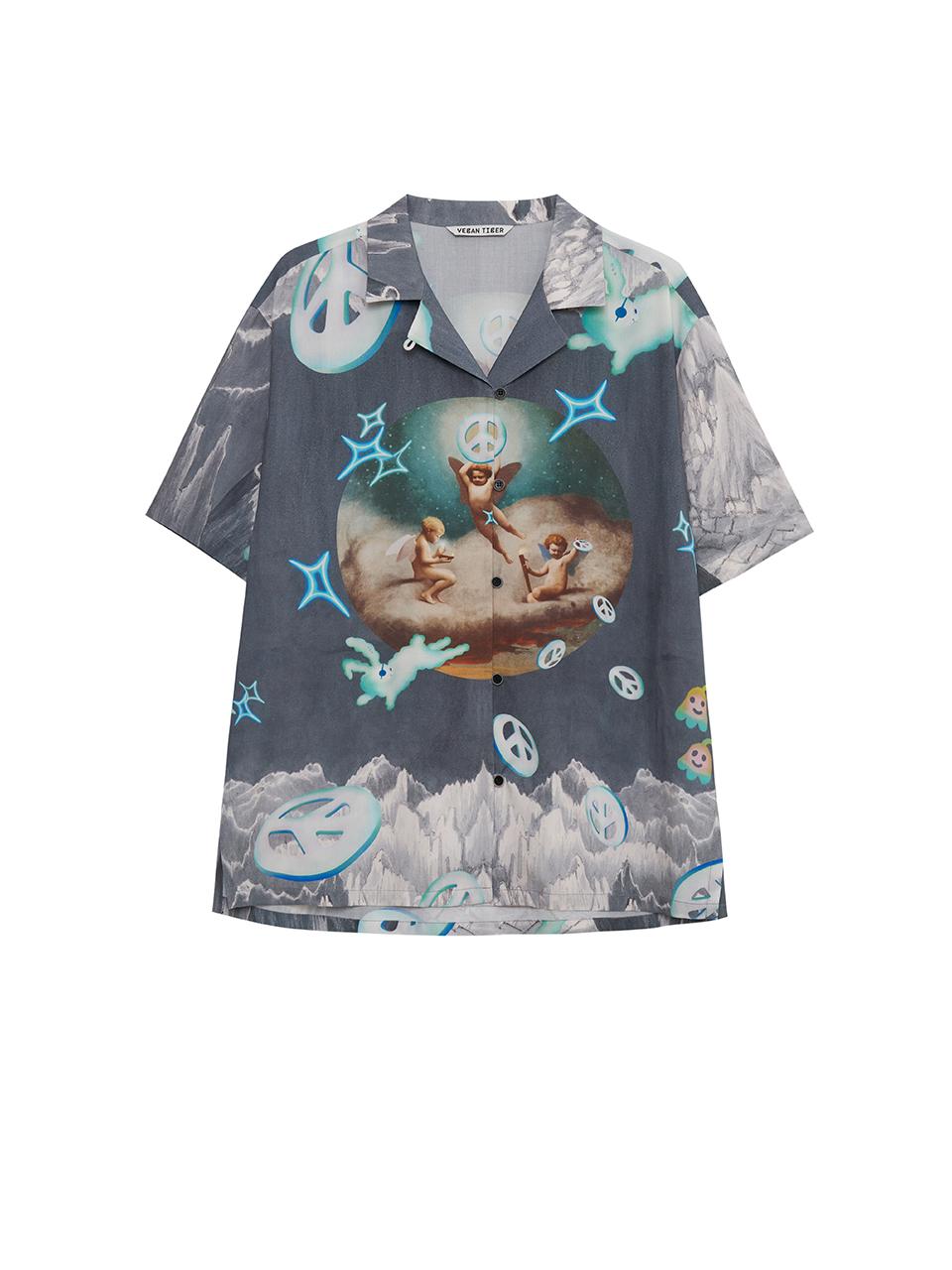 Vegan Tiger Rayon Print Shirt (Blue-Gray) L