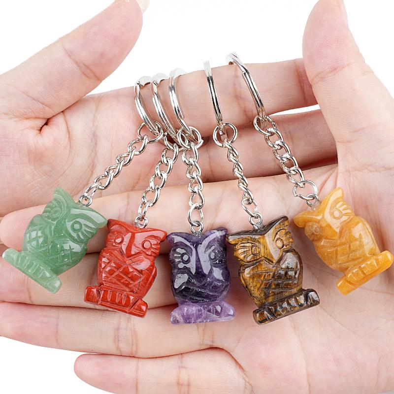 Natural Stone Crystal Gemstone Agate Sculpture Owl Stainless Steel Key Chain Mobile Phone Bag Pendant for Women and Men