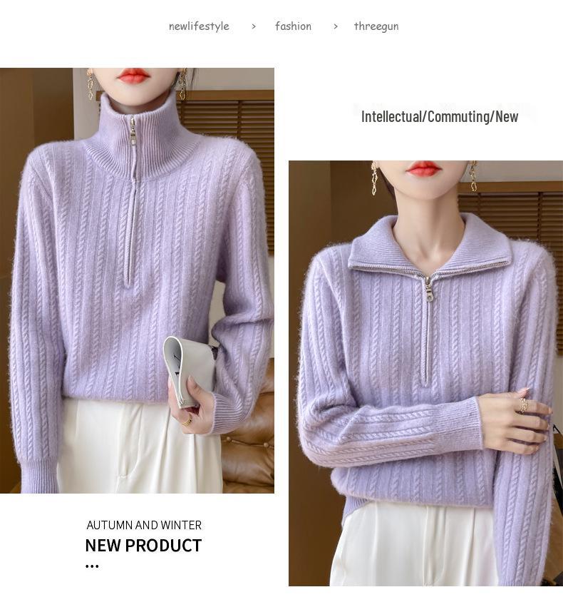 New Women's Thick Lapel Half-Zip Wool Sweater - Soft Cable Knit, Casual Loose Fit for Autumn/Winter