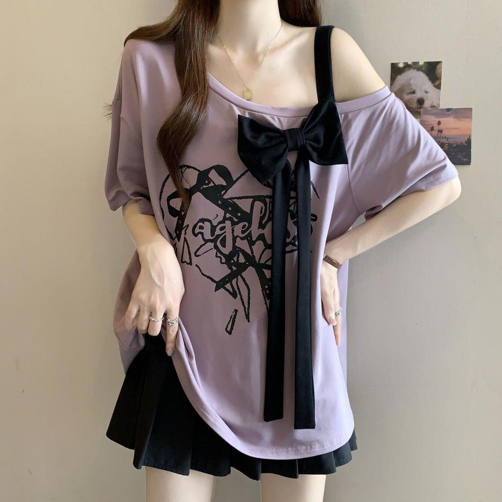 2025 Plus Size Off-Shoulder 3D Bow T-Shirt: Loose, Flattering, Short Sleeve Summer Top for Women