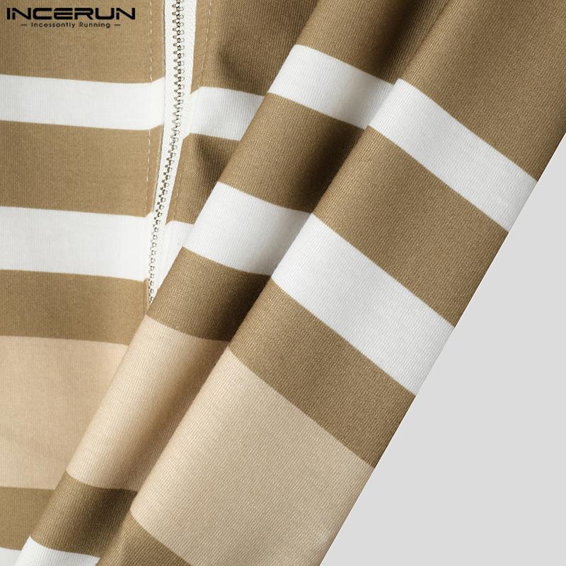 INCERUN Summer Men Cutout Short Sleeve Stitching Zipper Up Striped Casual T-shirts