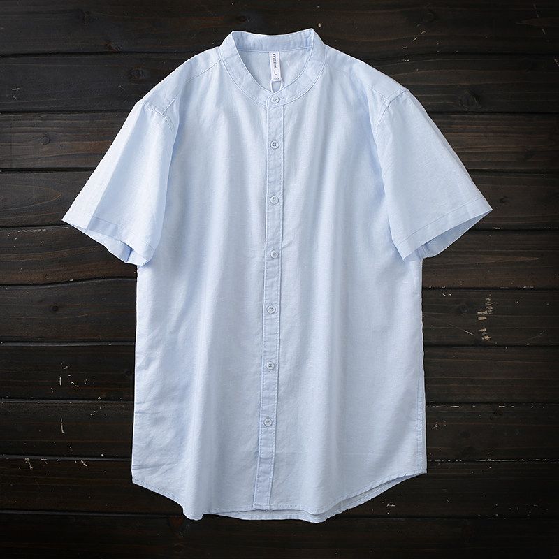 Cotton and Linen Washing Process! Export Tail Goods Summer Men Small Stand Collar Pure Color Linen Breathable Short Sleeve Shirt Top