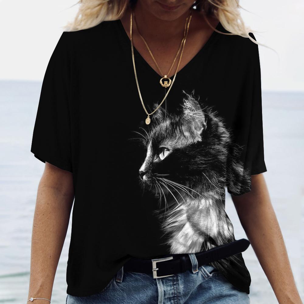 Mode Dier Kat 3D Print T-shirt Dames T-shirt V-hals Oversized Dames Tee Tops Zomer Streetwear Harajuku Y2k Kleding