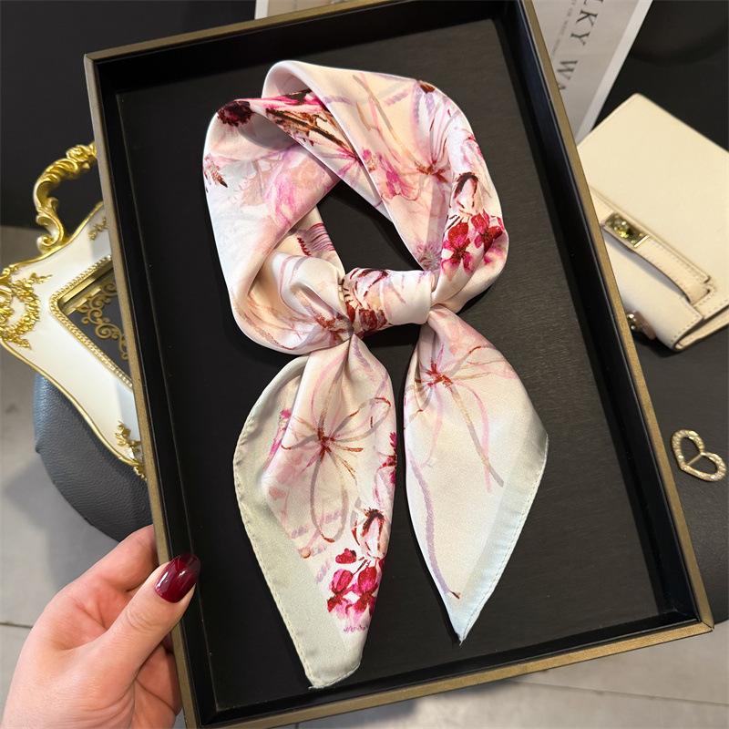 70cm Lily of The Valley Scarf Women's Spring and Summer Thin Satin Square Scarf High-end Temperament Small Scarfs Shawl