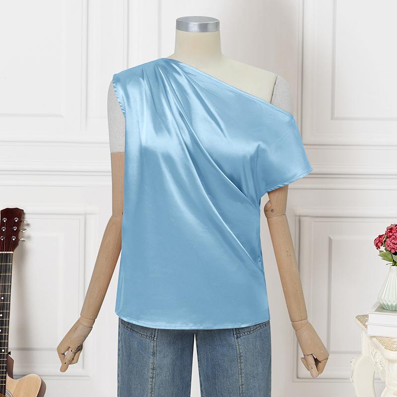 

VONDA Женская блузка на одно плечо с нерегулярным рукавом, однотонная, повседневная, из атласа 5XL синий