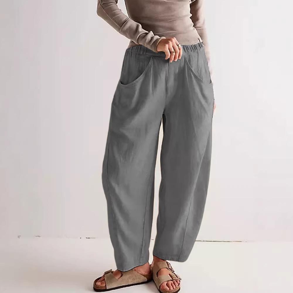 

2026 Spring Women s Cotton-Linen Solid Color Casual Loose Carrot Pants with Elastic Waist and Pockets S серый