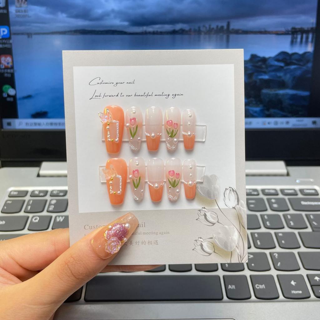 10pcs/set Purely Handmade Wearable Nails Removable Nail Art French Simple False Nails Finished Long and Short Nails