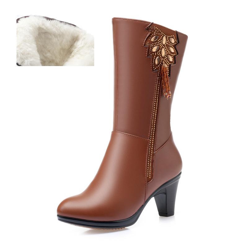 Fashion AIYUQI Women Winter Boots High Quality Cow Leather Long Winter Boots High Heel Wool Warm Female Tassel Boots