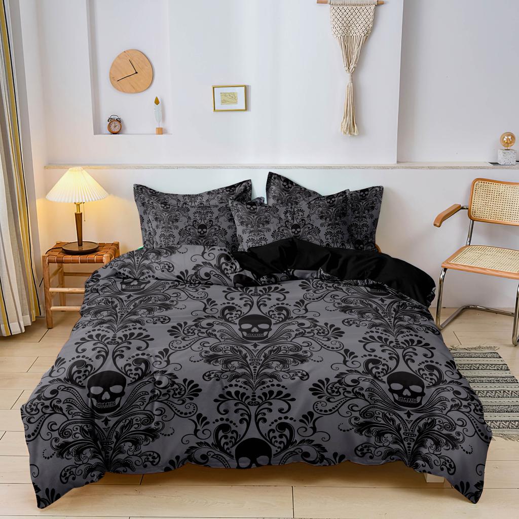 3pcs Soft & Breathable Dark Grey/Black Gothic Victorian Floral Duvet Cover with All-Season Luxury Bed Sheets, Machine Washable