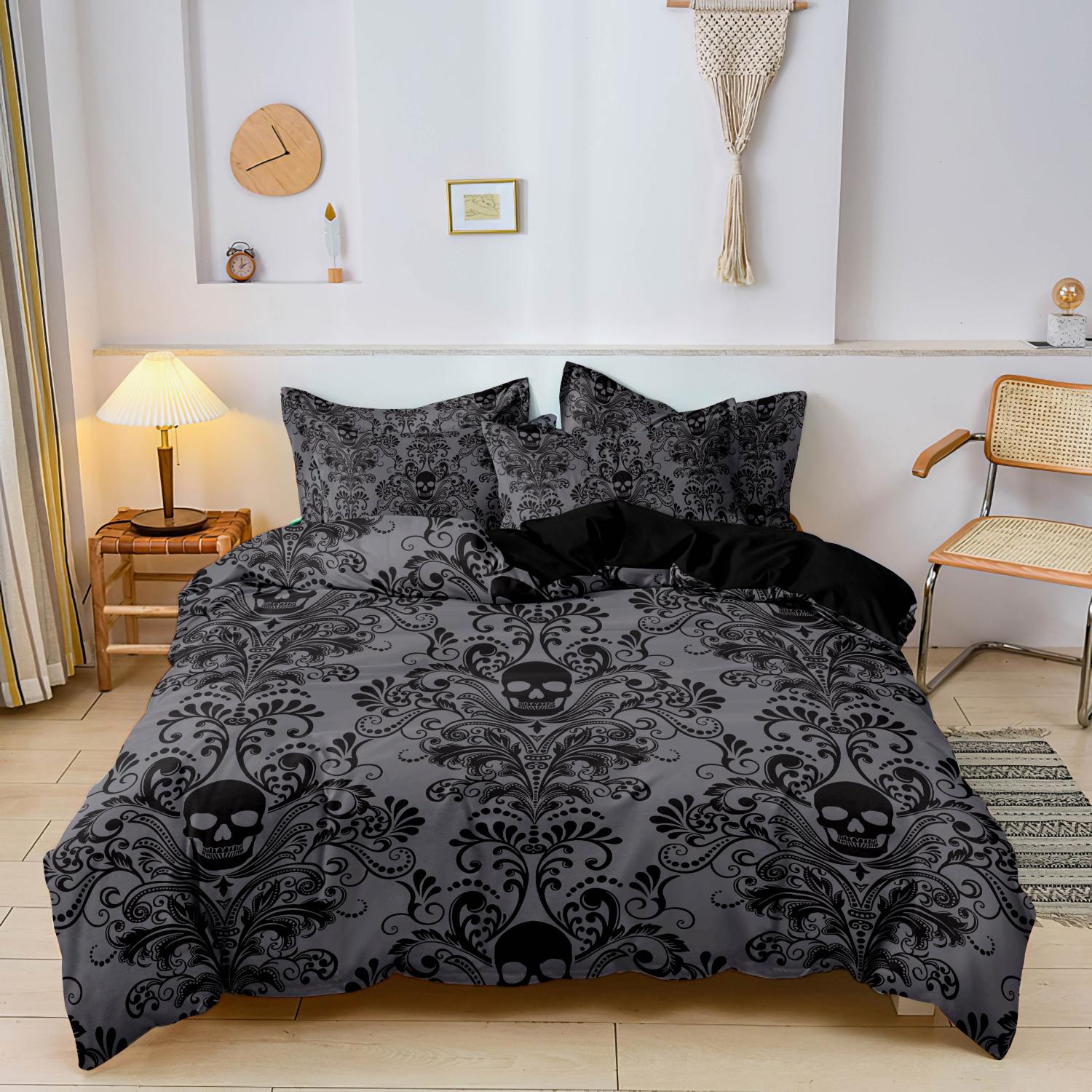 

3pcs Soft & Breathable Dark Grey/Black Gothic Victorian Floral Duvet Cover with All-Season Luxury Bed Sheets, Machine Washable EU Single-135x200cm&set