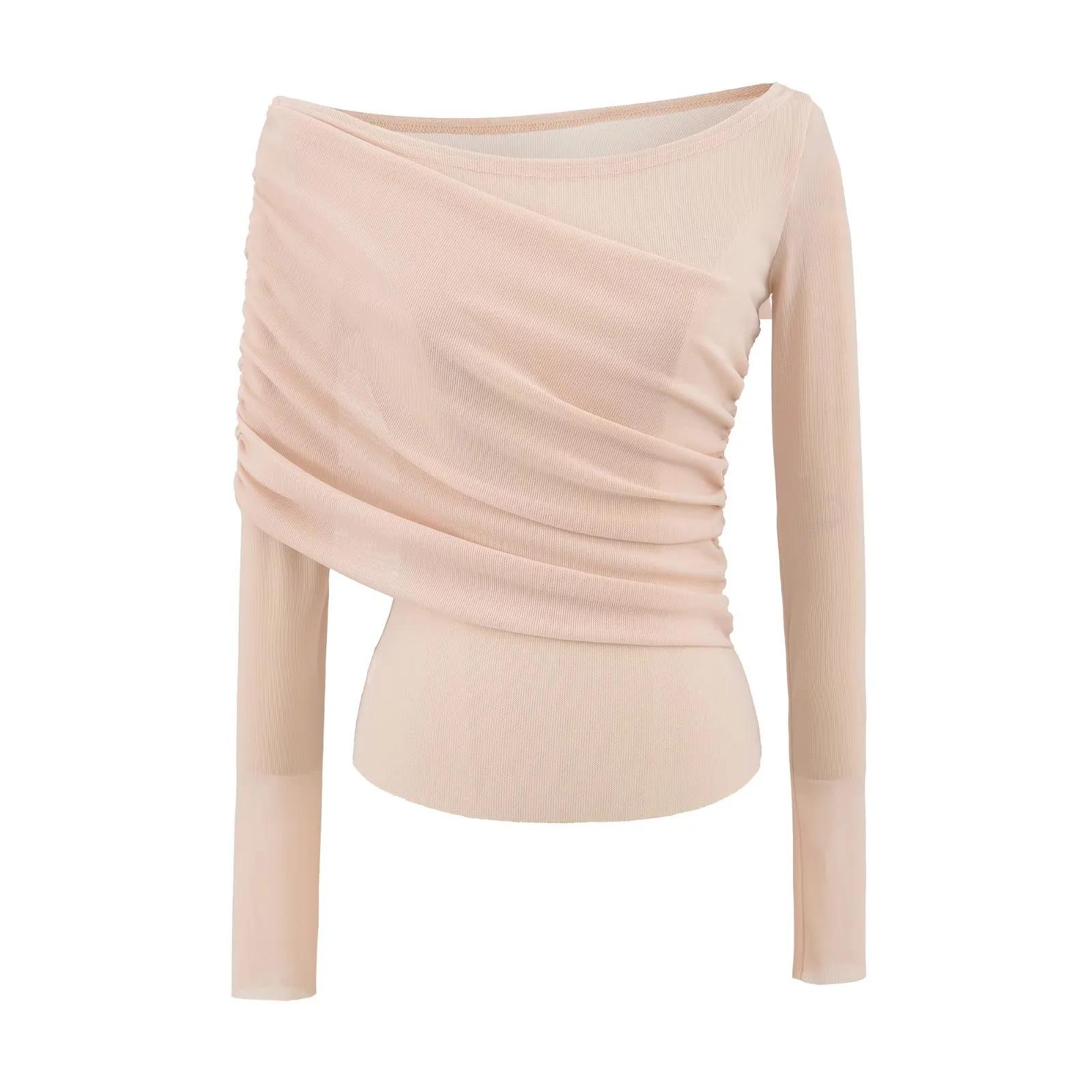 Spicy American Mesh One-Shoulder Long-Sleeve Crop Top for Women - Slim-Fit, Pleated Design, High-Waist, Off-Shoulder, Spring/Autumn Wear Small розовый