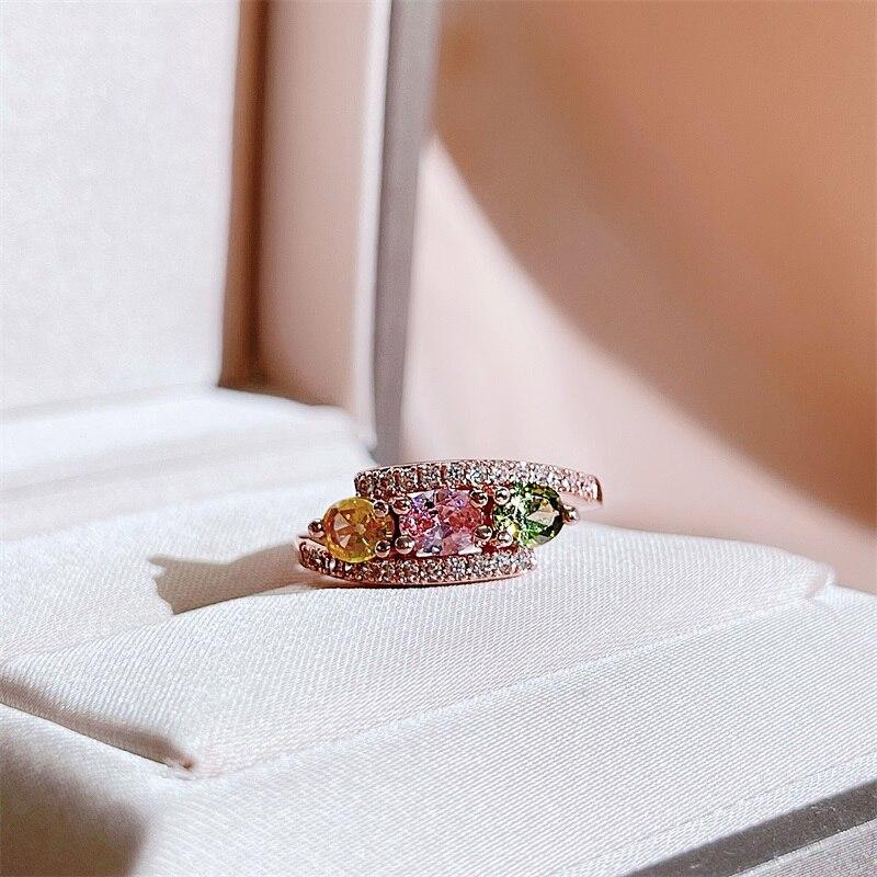 POMOiii Damenring mit buntem, rundem Zirkon, edler Schmuck, Geschenk, offene Größe, Hochzeit, Verlobungsgeschenk