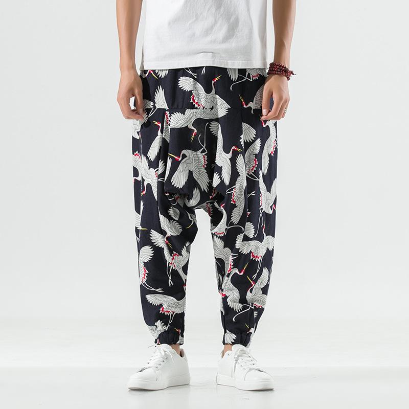 2026 Spring Men's Chinese-Style Cotton Linen Harem Pants - Printed Hip Hop Trousers