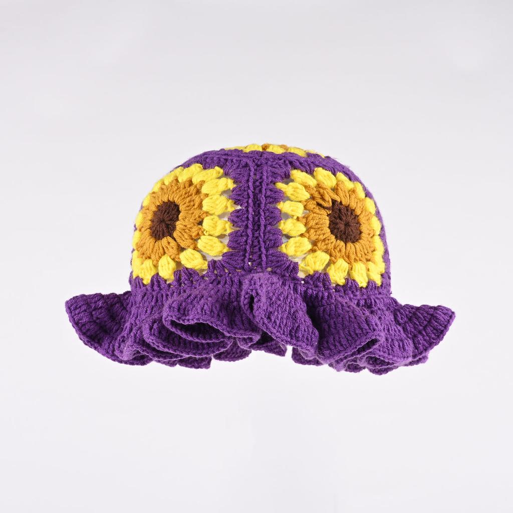 Korean Sunflower Lotus Leaf Brim Handmade Crochet Wool Basin Hat Women'S Autumn Winter Warm Sweet Knitted Bucket Hat