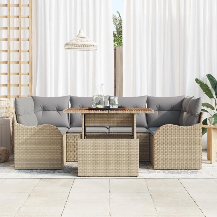Ensemble de canapé de jardin 7 pièces avec coussins Beige Poly Rattan Acacia, Canapé de jardin 2 places avec coussins Beige 3349412