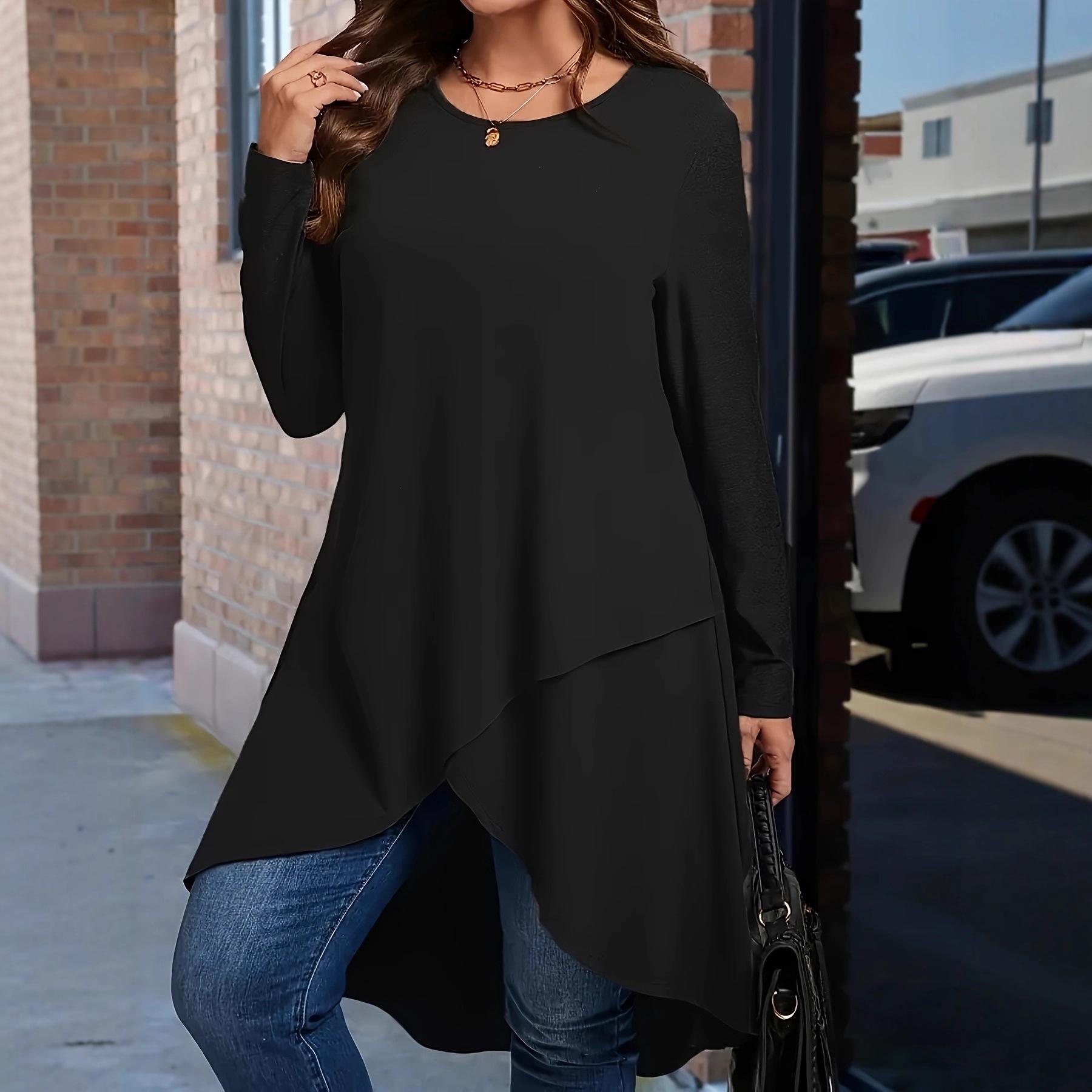 

Autumn Round Neck Solid Color Long Sleeve Irregular Plus Size Dress 2XL