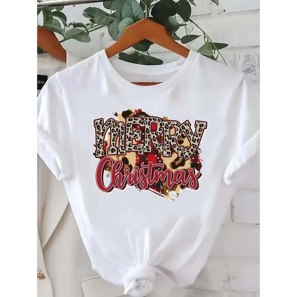 Printed Fashion New Year Women's T-shirt Top Merry Christmas Clothing Coffee Love Cute Holiday Pattern Round Neck Short Sleeve