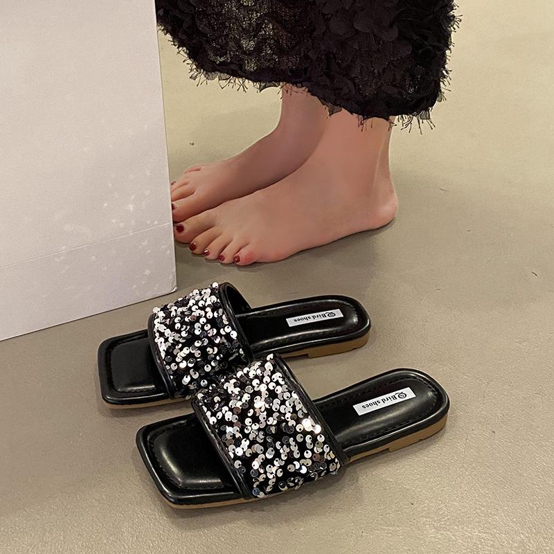 

Популярные французские туфли-феи со стразами, сандалии на плоской подошве, шлепанцы черного цвета с летними пайетками, женские 40