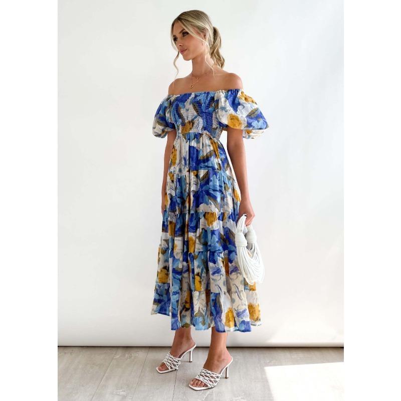 Women's Fashion Summer Spring Flower Pattern Print Short Sleeve One Shoulder High Waist Casual Dresses