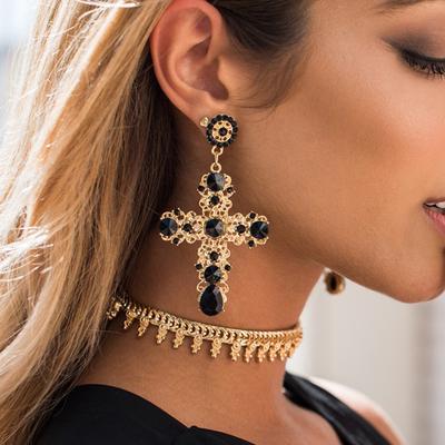 New Arrival Vintage Black Pink Crystal Cross Drop Earrings for Women Baroque Bohemian Large Long Earrings Jewelry Brincos 2020