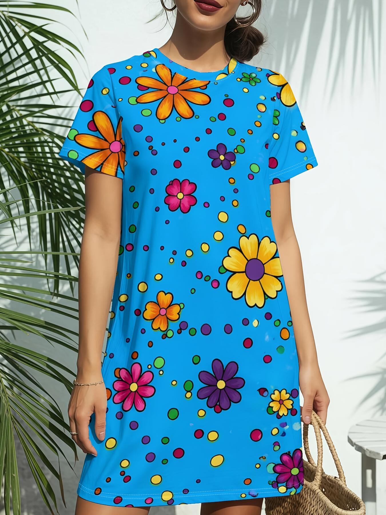 

Blue FloralNew Women s Round Neck Short Sleeve T-Shirt Dress. American Style Trend Digital Printing. Casual and Versatile for Spring and Summer. Elega XL