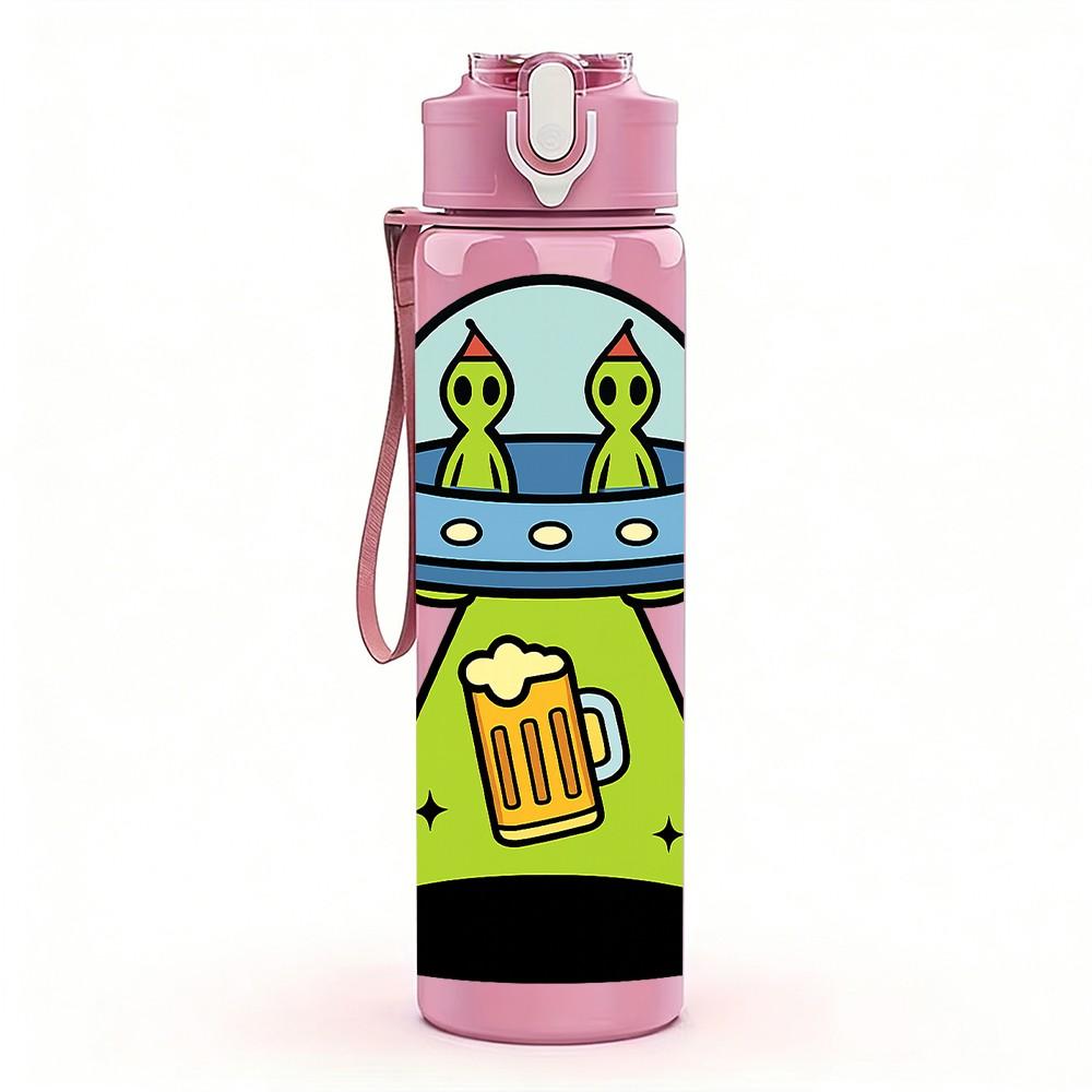1PC UFO Alien Beer Cartoon Pattern 750ml Color Plastic Sports Water Bottle Leakproof Flip Straw Lid Suitable for Sports Office Home Use