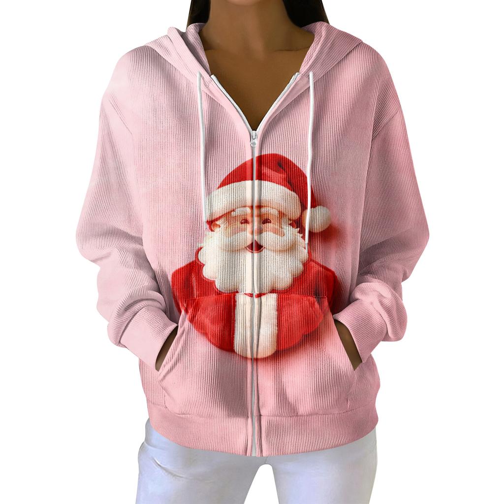 Dámská ležérní módní pletená mikina s kapucí na zip s dlouhým rukávem a vánočním potiskem