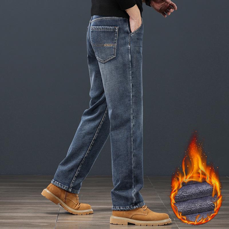 Men's Plus Velvet Loose-Fit Straight Jeans with Oblique Pockets - Versatile Autumn/Winter Nine-Point Pants (Large Size Available)