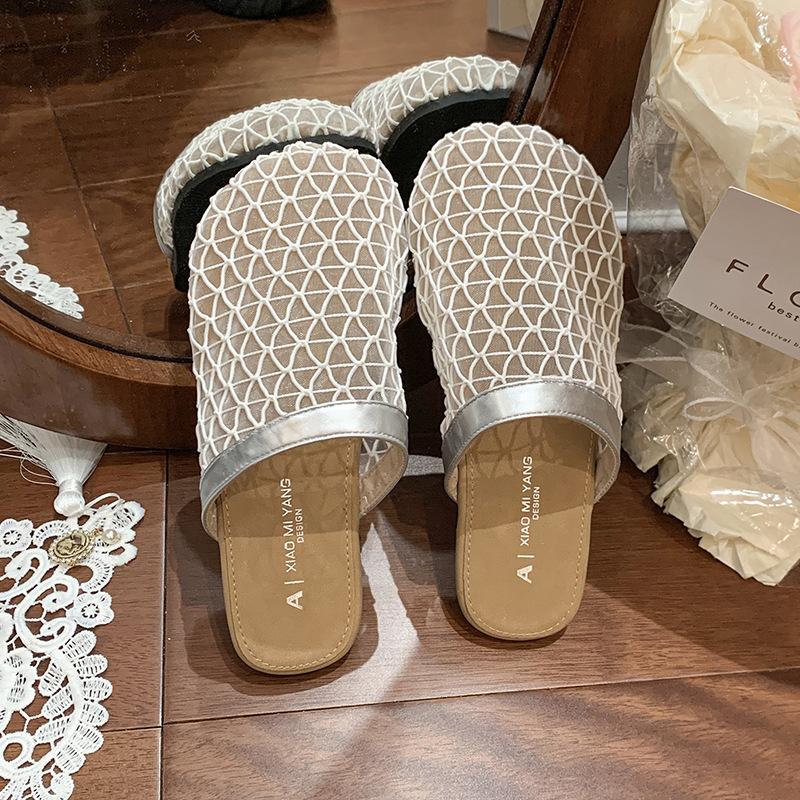 New fishing net bag head slippers women's summer new one-pedal hollow mesh cool slippers breathable flat bottom sandals