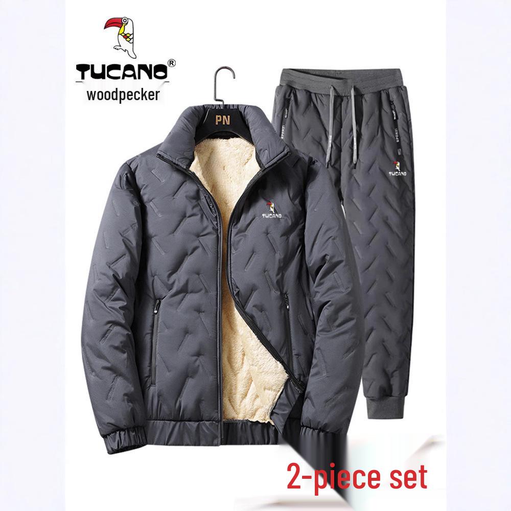 Woodpecker Men's Thickened Lamb Wool Suit: Autumn/Winter Plus Velvet Warm Jacket & Casual Long Pants