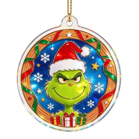 Stained Glass Style Decor Green Elf Christmas Ornament, 2D Acrylic Red Bell Tree Candy Cane Gift Box Xmas Hanging Charms Shaped Double Sided
