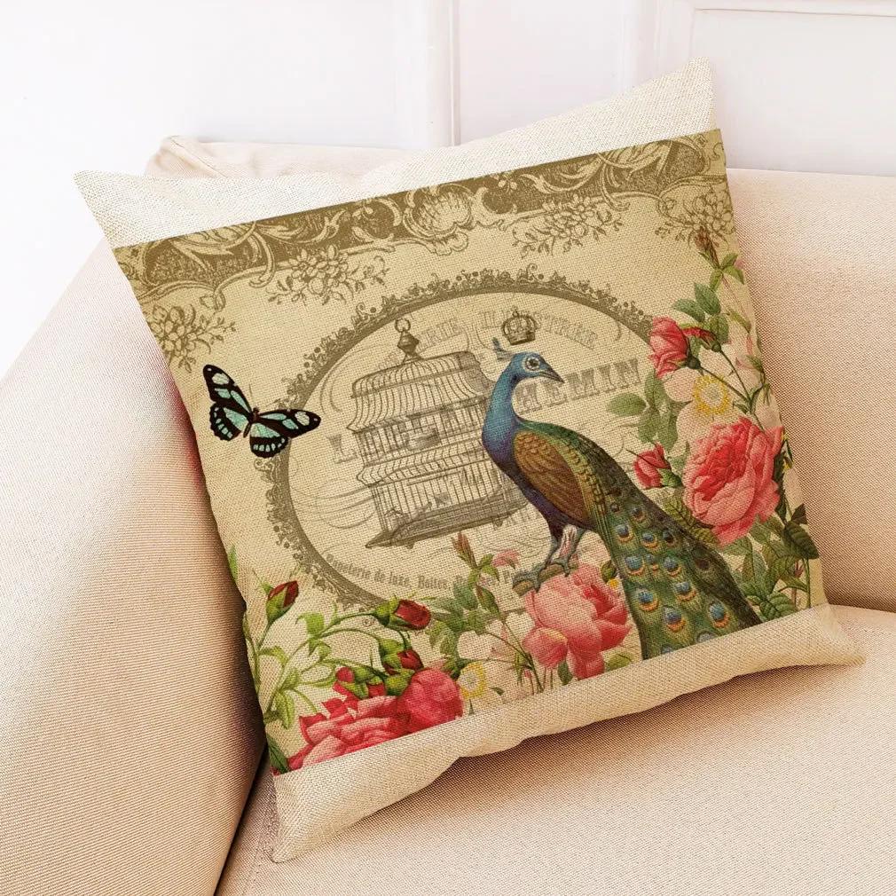 Retro Flower And Bird Design Linen Pillowcase Car Seat Cushion Cover Decorative Living Room Sofa 45*45Cm