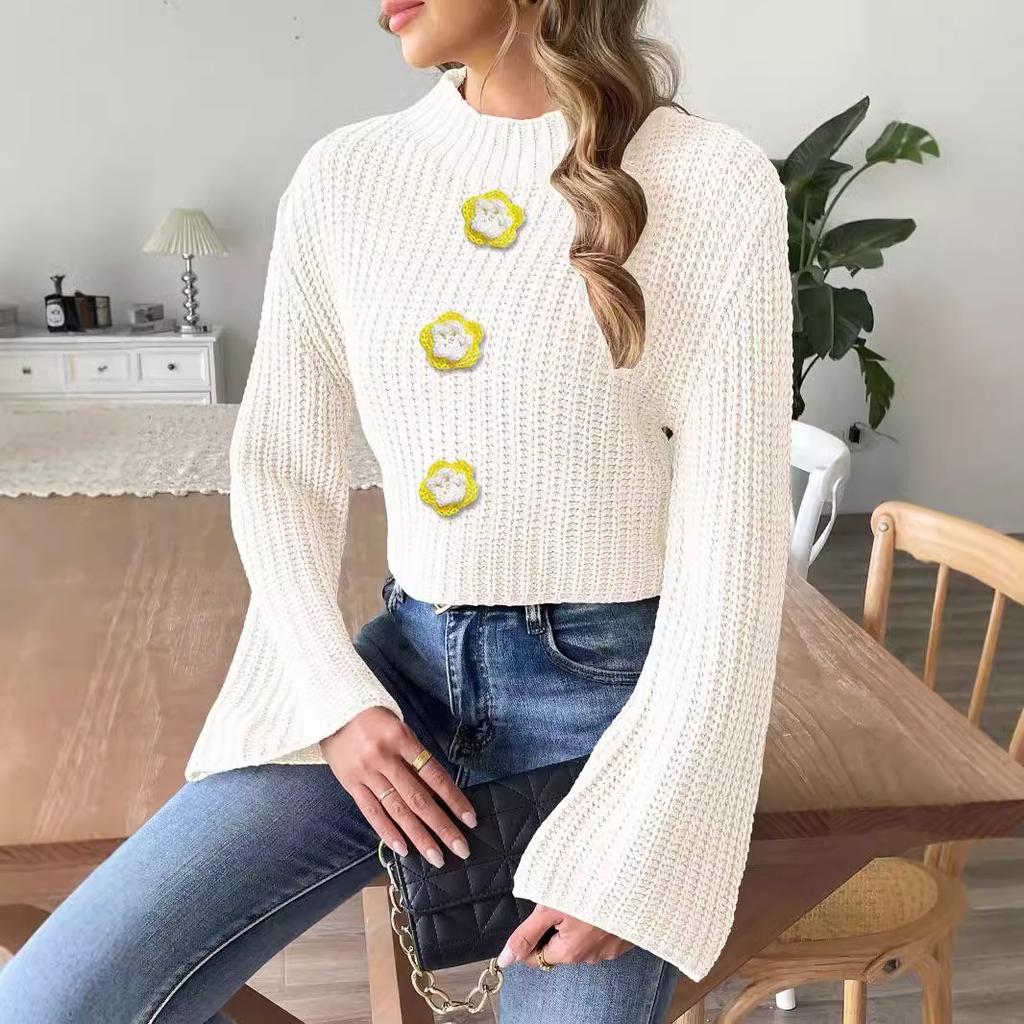 Women's Short Open-button Top, Hand-crocheted Pearl Beads, European and American New Horn-sleeved Semi-turtleneck Sweater