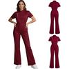 Women Medical Scrubs Jumpsuit Short Sleeve Stand Collar Press Button Side Zipper Elastic Waist Bodysuit with Pockets for Clinic Doctors
