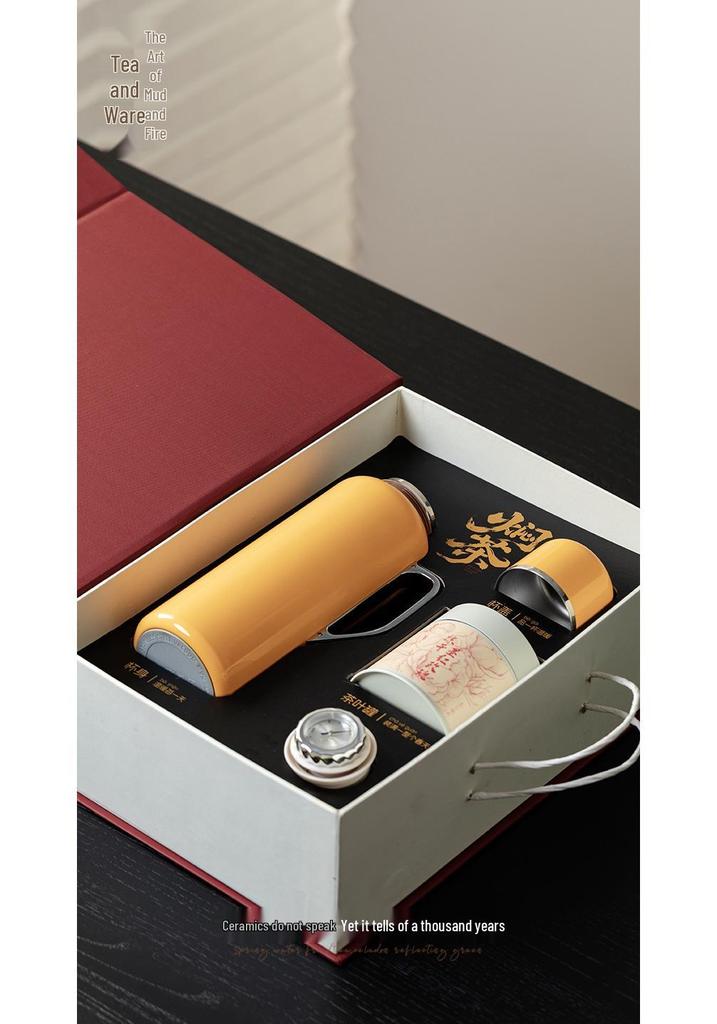 Stainless Steel Yellow Thermos Flask with Stewing Tea Pot, Gift Box Set, Portable Outdoor Warm Water Bottle, and Kettle Gift.