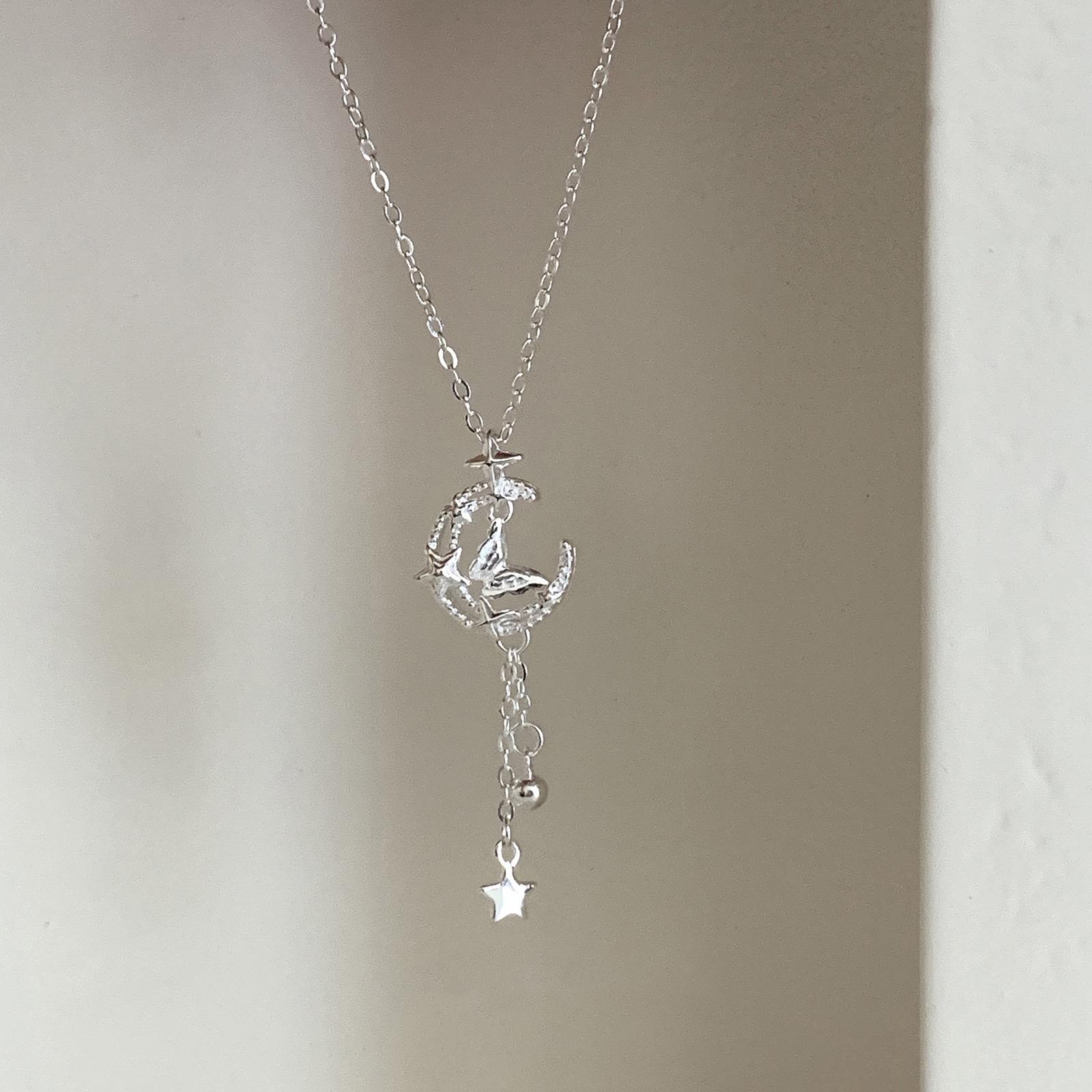 

S925 Sterling Silver Necklaces For Women Simple Chain Fashion Minimalist Moon Zircon Necklaces Badminton Shape Birthday Gift