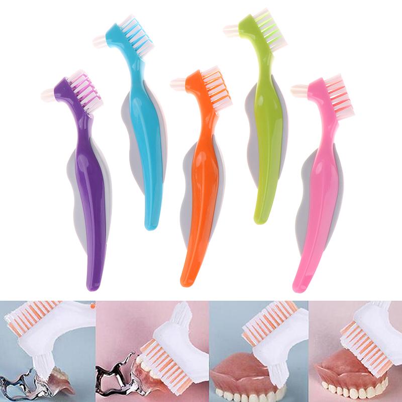 Multi-Layered Bristles Denture Cleaning False Teeth Brush Oral Care Non-Slip Ergonomic Rubber Handle Dual Heads Antibacterial