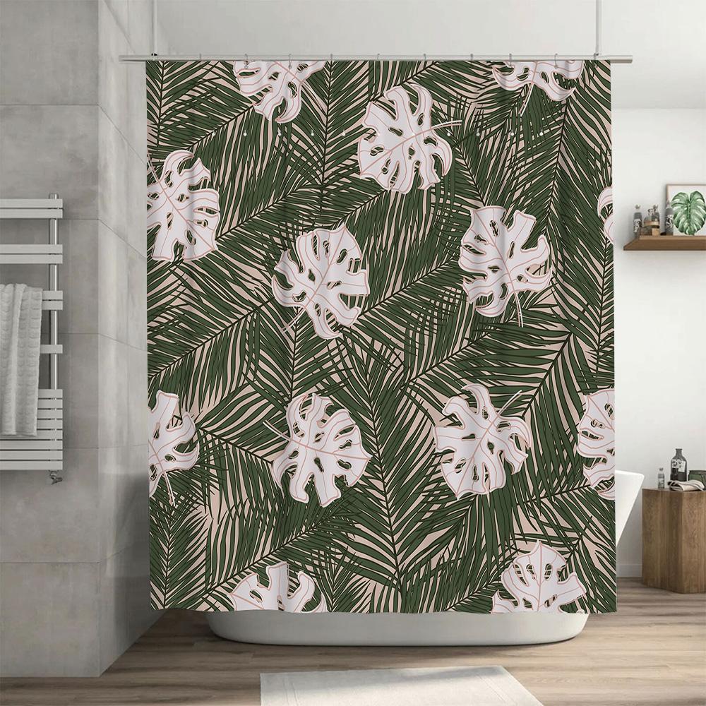 Green White Tropical Palm Print Shower Curtain for Bathroom Decor Modern Home Accessories for Bathrooms Size 69x72 In