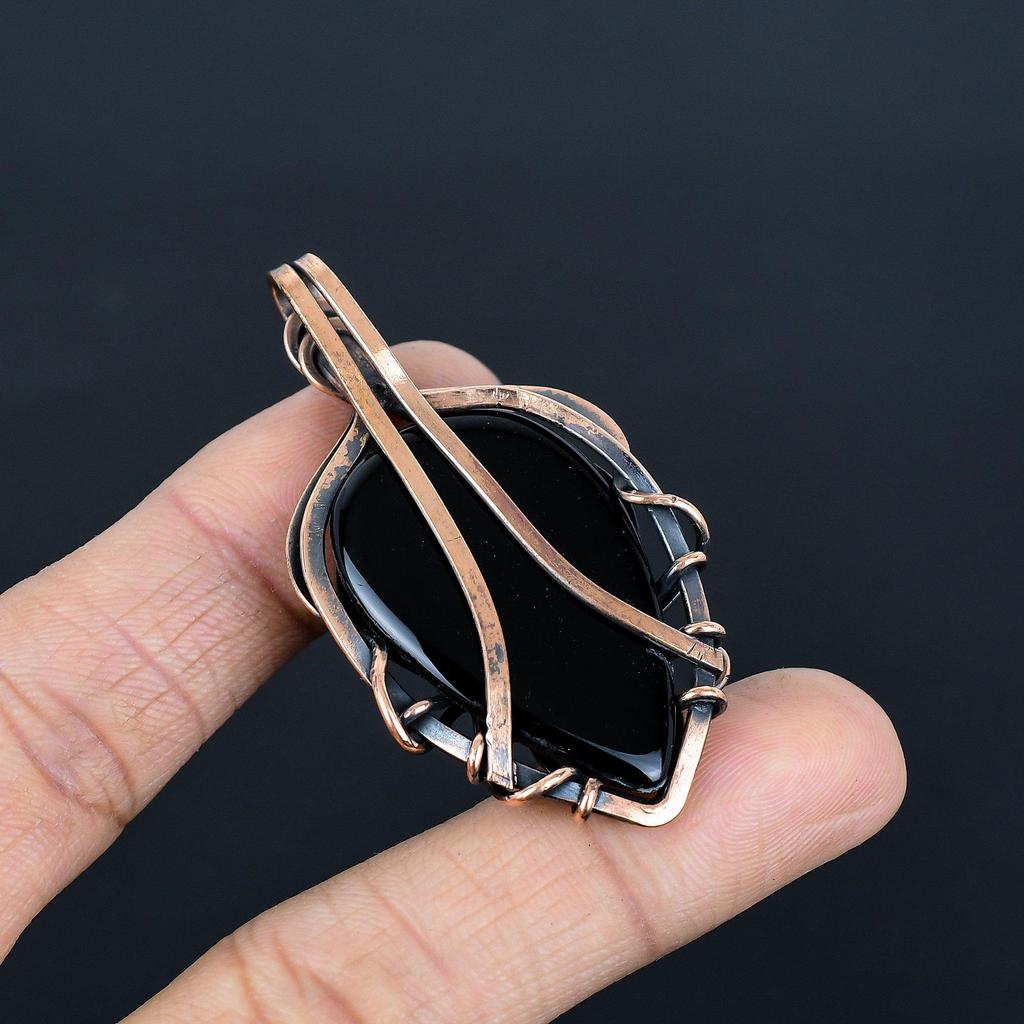 Bijoux en Onyx Noir, Pendentif Enveloppé de Fil de Cuivre 999 Fait Main Bijoux en Pierre Précieuse, Cadeaux Pour Femme Pendentif Tout Neuf