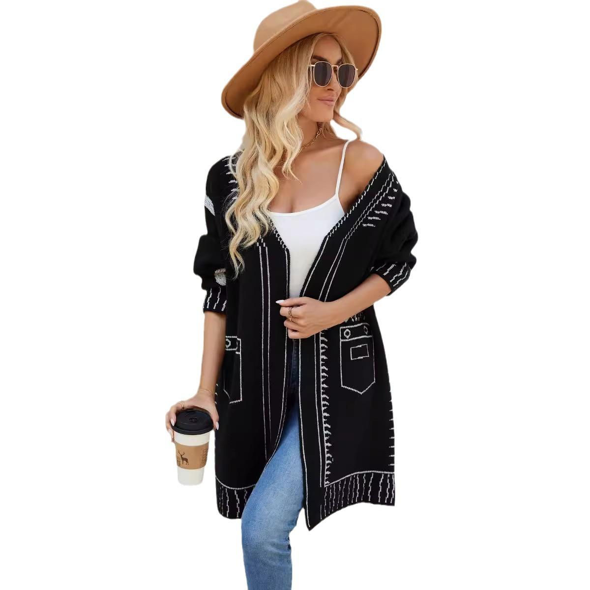 

GMXIA Длинный свитер пальто жаккардовый все ленивый ветер вязаный свободный осенне-зимний кардиган женский XL чёрный