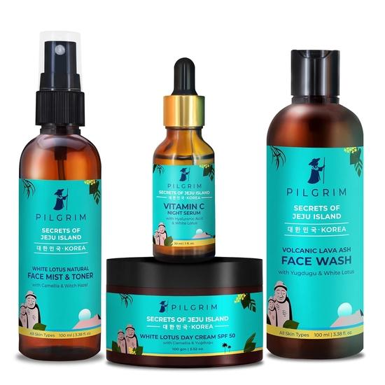 Pilgrim Korean Beauty Kit de îngrijire a feței pentru piele impecabilă cu ser de noapte cu vitamina C și pungă pentru kit de iută | Spălare zilnică de față 100 ml, toner 100 ml,