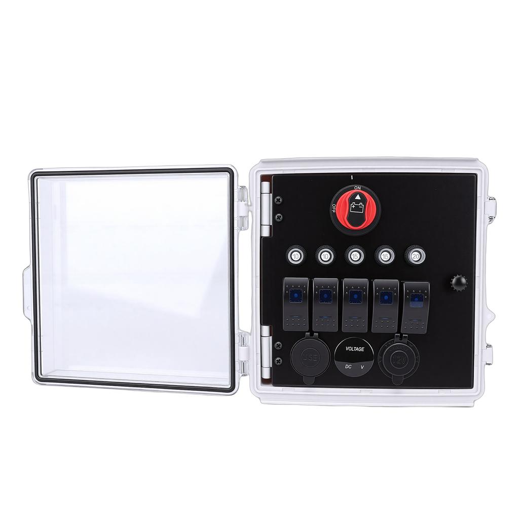 Wasserdichte Box mit Kippschalter 5-fach 3-Positionen LED Kippschalter Panel mit Voltmeter USB-Ladegerät Typ B
