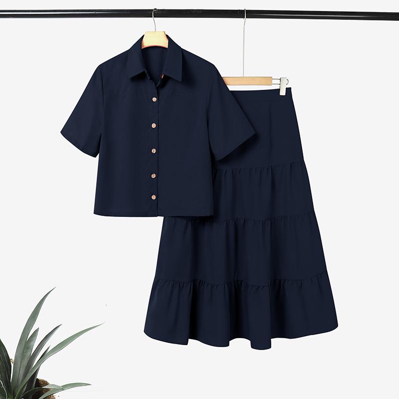 

ZANZEA Женские блузки с коротким рукавом и юбки Летние комплекты из двух частей 5XL тёмно-синий