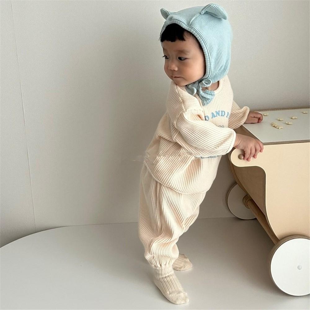 Wiosna Jesień Zestaw Ubrań Dziecięcych Chłopiec Dziewczynka Niemowlę Wafel Kreskówka Długi Rękaw Bluzki+Gładkie Spodnie 2szt Dzieci Nadruk Liter T-shirt Garnitur