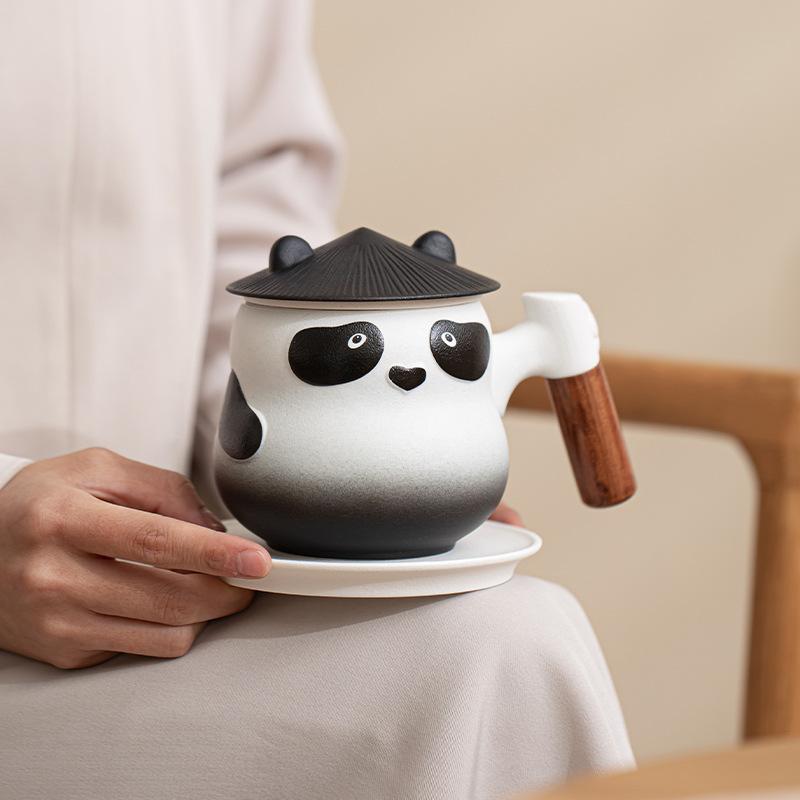 Panda tea coffee cup with plate, mug with lid, gift for foreign friends, teacup
