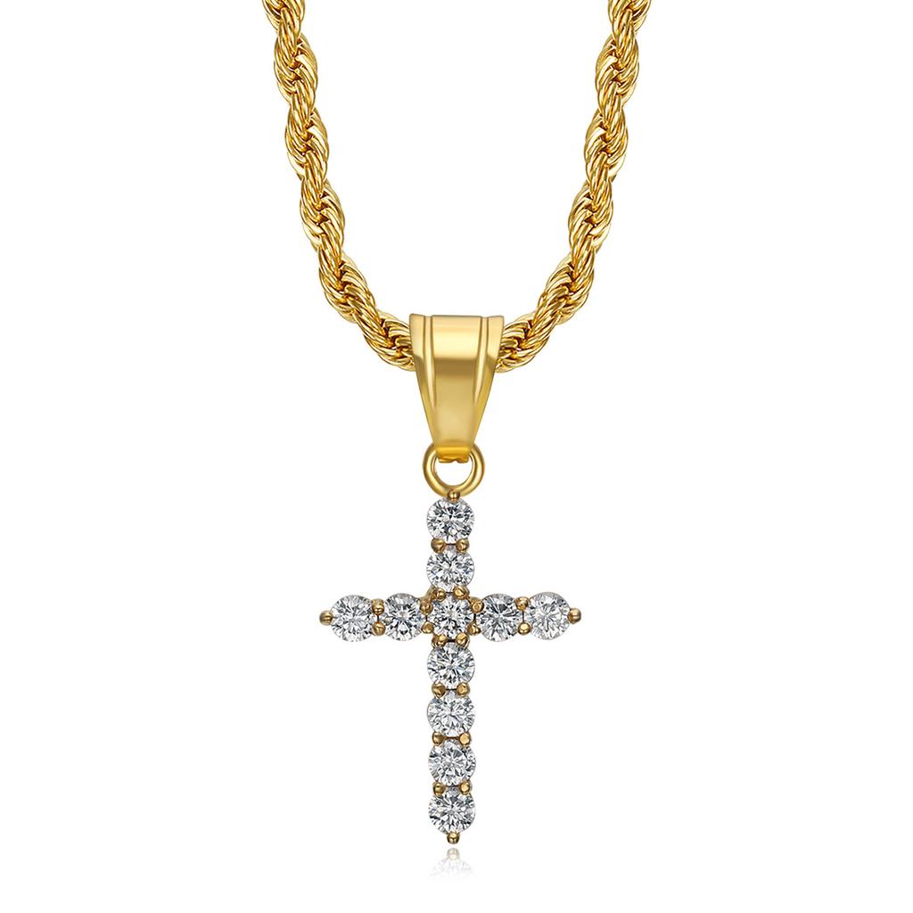 New Hip-Hop Accessories Titanium Steel Gold-Plated Zircon AAA Cross Pendant Necklace