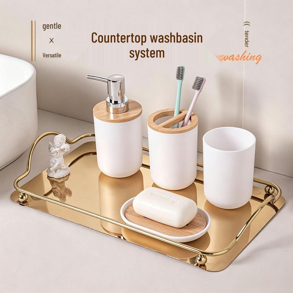 Six-Piece Bathroom Set: Washbasin, Trash Can, Soap Dish, Cleaning Tools.