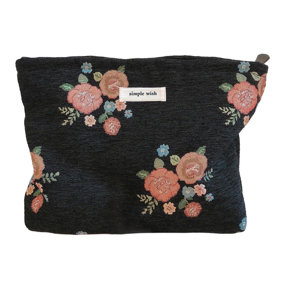 

456 Flower Grid Pattern Vintage Canvas Cosmetic Bag Toiletry Container Storage Bag Pouch Black Flower