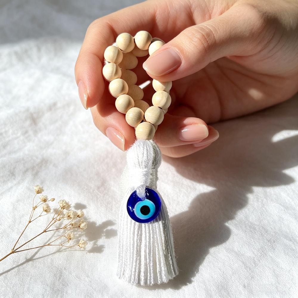 Handmade Boho Evil Eye Hanging Ornament, Wood Bead Tassel Lucky Charm For Car Home Door Decor