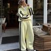 Casual European and American Women's Color Matching Suit Zipper Stand-up Neck Cardigan Jacket Elastic Sweatpants Striped Two-piece Set